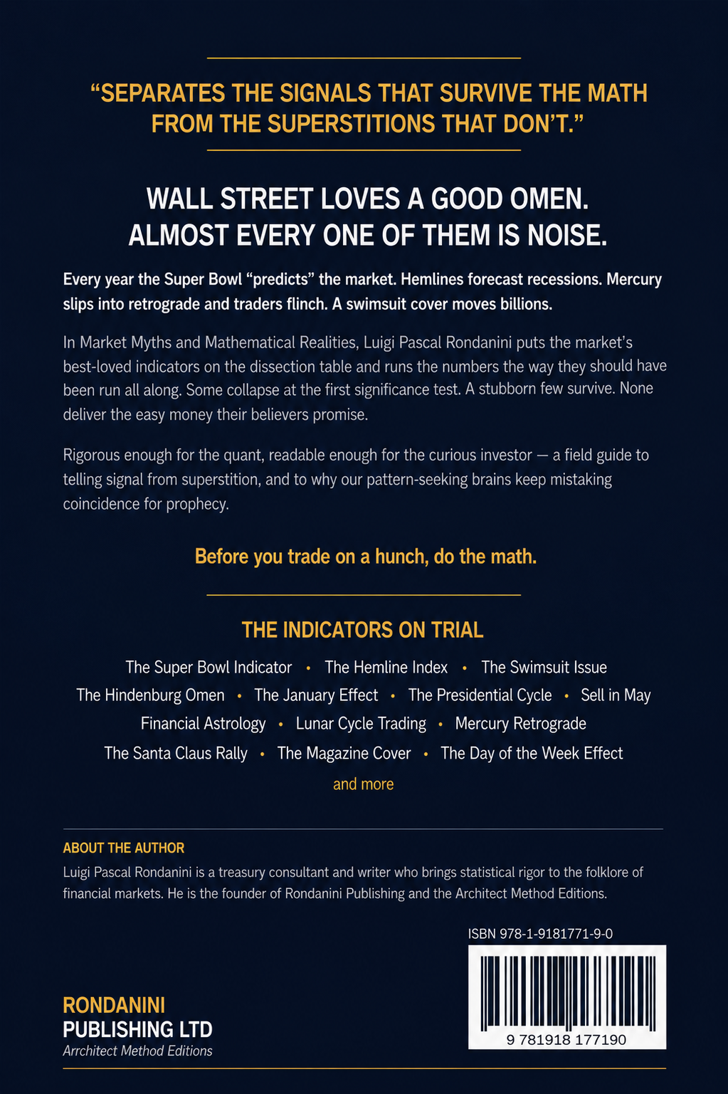 Market Myths back cover — Separates the signals that survive the math from the superstitions that don't
